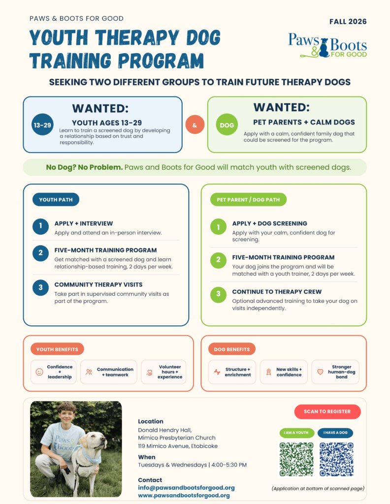 Information for the youth therapy dog training program directing applicants to the website for more information about the program at www.pawsandbootsforgood.org